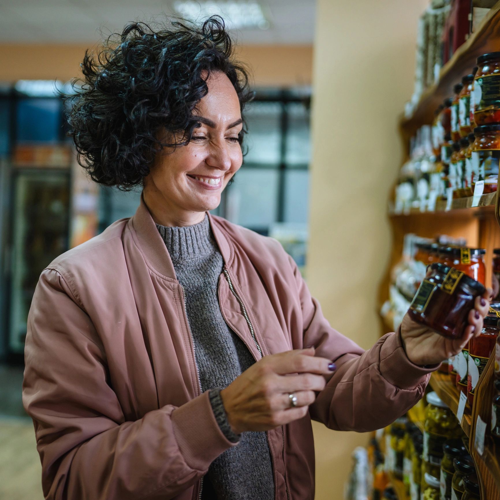 Smiling customer holding a small jar in a shop